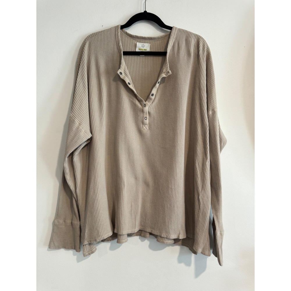 OFFLINE by Aerie Waffle Knit Henley Top Womens XL Tan Thumbhole Cuffs